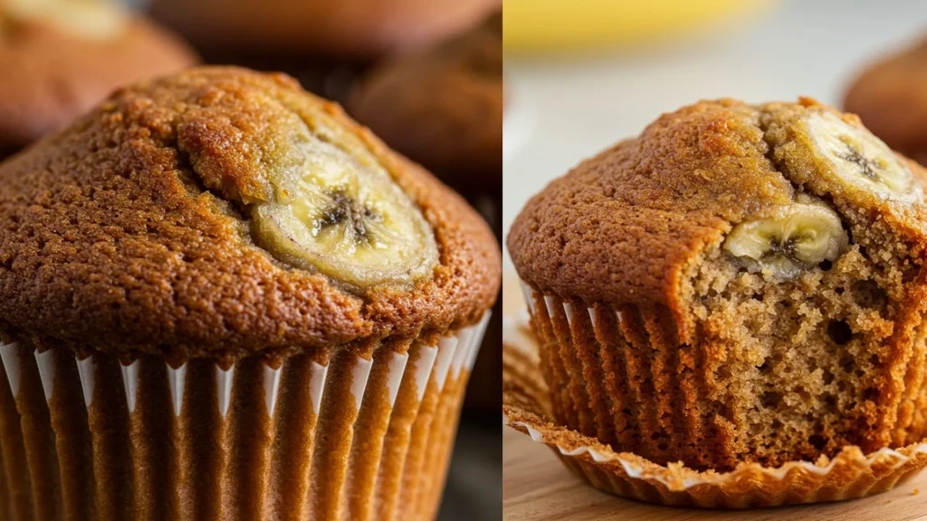 Easy Banana Muffins Recipe (Super Moist) 3 Close-up of banana muffin with moist texture and crumb visible