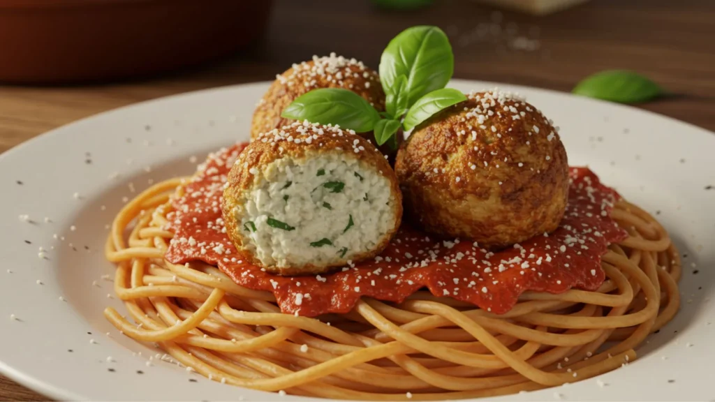 Soft & Juicy Ricotta Meatballs Recipe 3 Ricotta meatballs served over spaghetti with parmesan