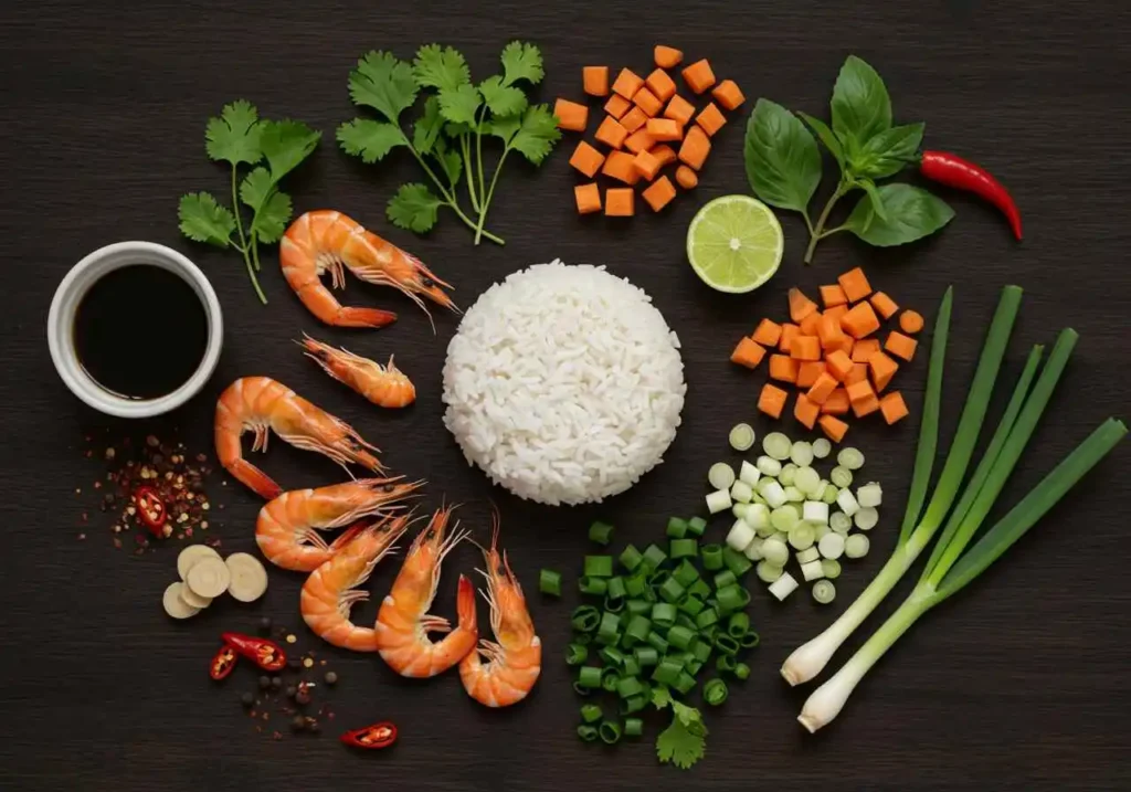 Raw ingredients for Thai shrimp fried rice recipe