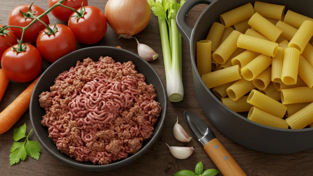Easy Lasagna Soup Recipe 2 ngredients for lasagna soup including pasta, tomatoes, ground beef