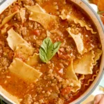 Lasagna soup in a white bowl