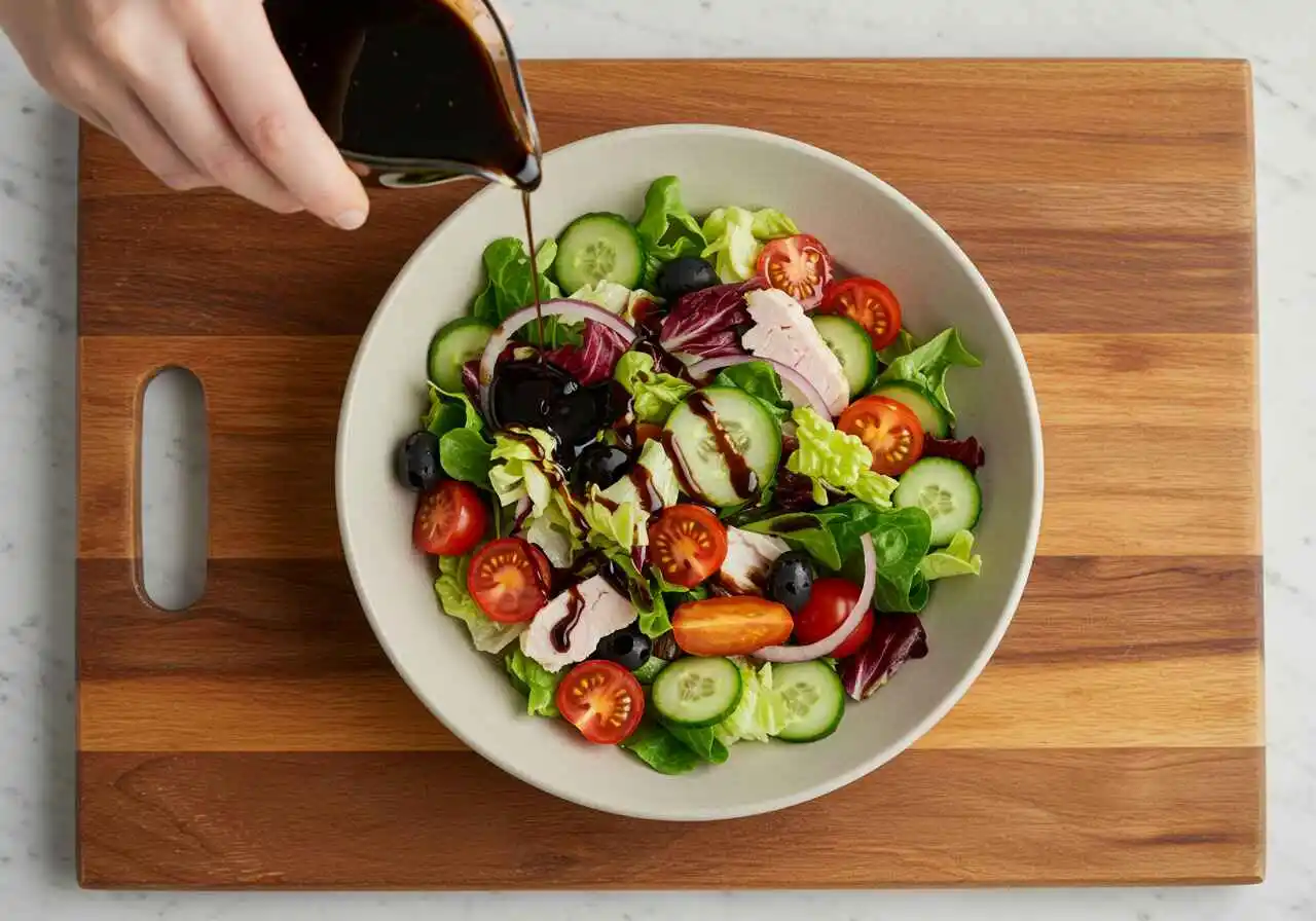 Caprese Pasta Salad with Balsamic Glaze (20-Minutes) 4 Served Caprese pasta salad on a white bowl with basil and balsamic glaze