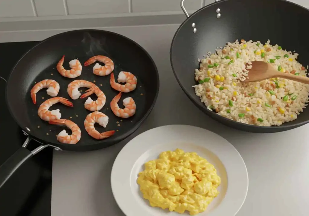 Cooking shrimp and egg for Thai fried rice