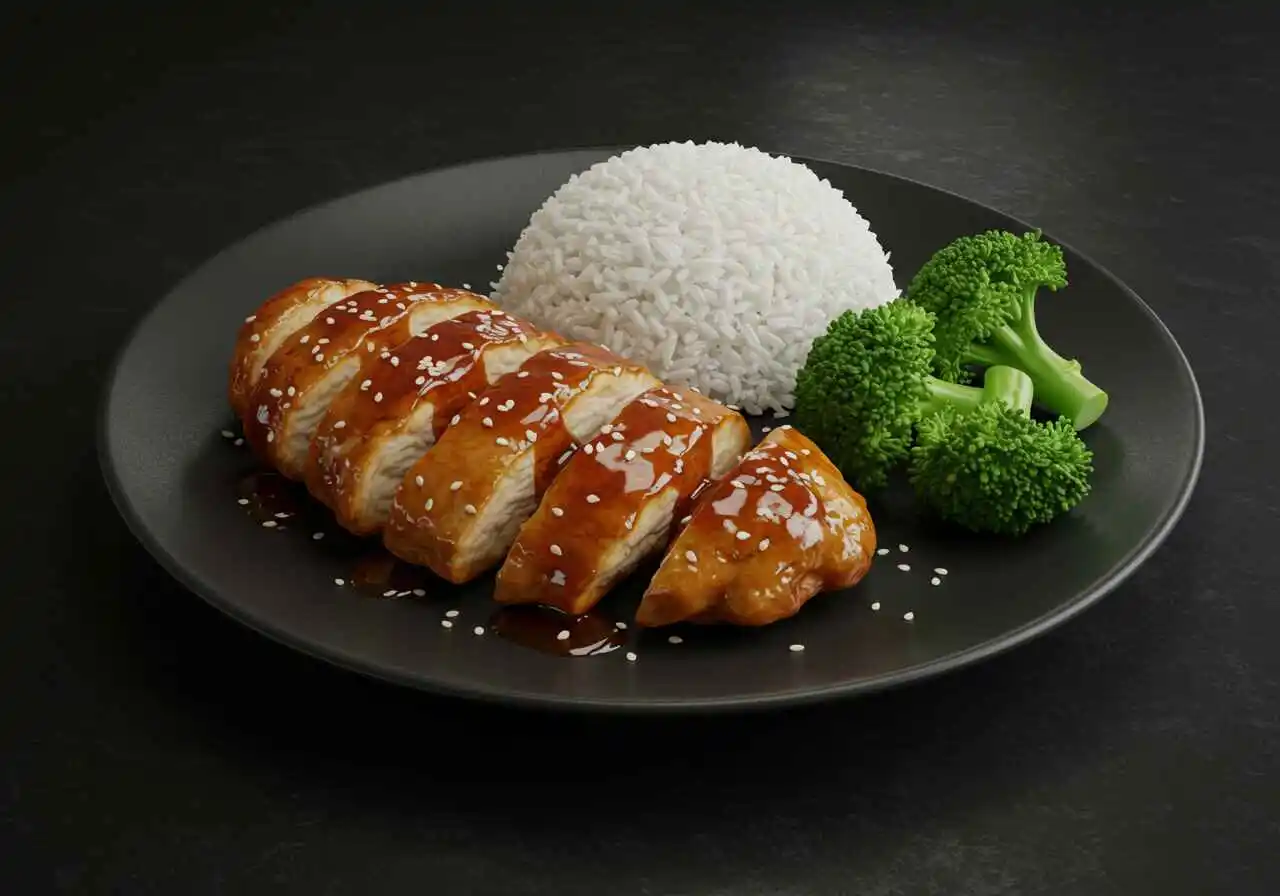Easy Teriyaki Chicken Recipe 4 Teriyaki chicken with rice and steamed broccoli on a white plate