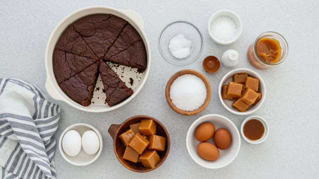 Easy Salted Caramel Brownies Recipe 2 Butter, cocoa powder, sugar, flour, eggs, and caramel for brownies