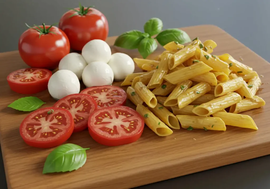 Caprese Pasta Salad with Balsamic Glaze (20-Minutes) 2 Ingredients for Caprese pasta salad with balsamic glaze on a wooden board