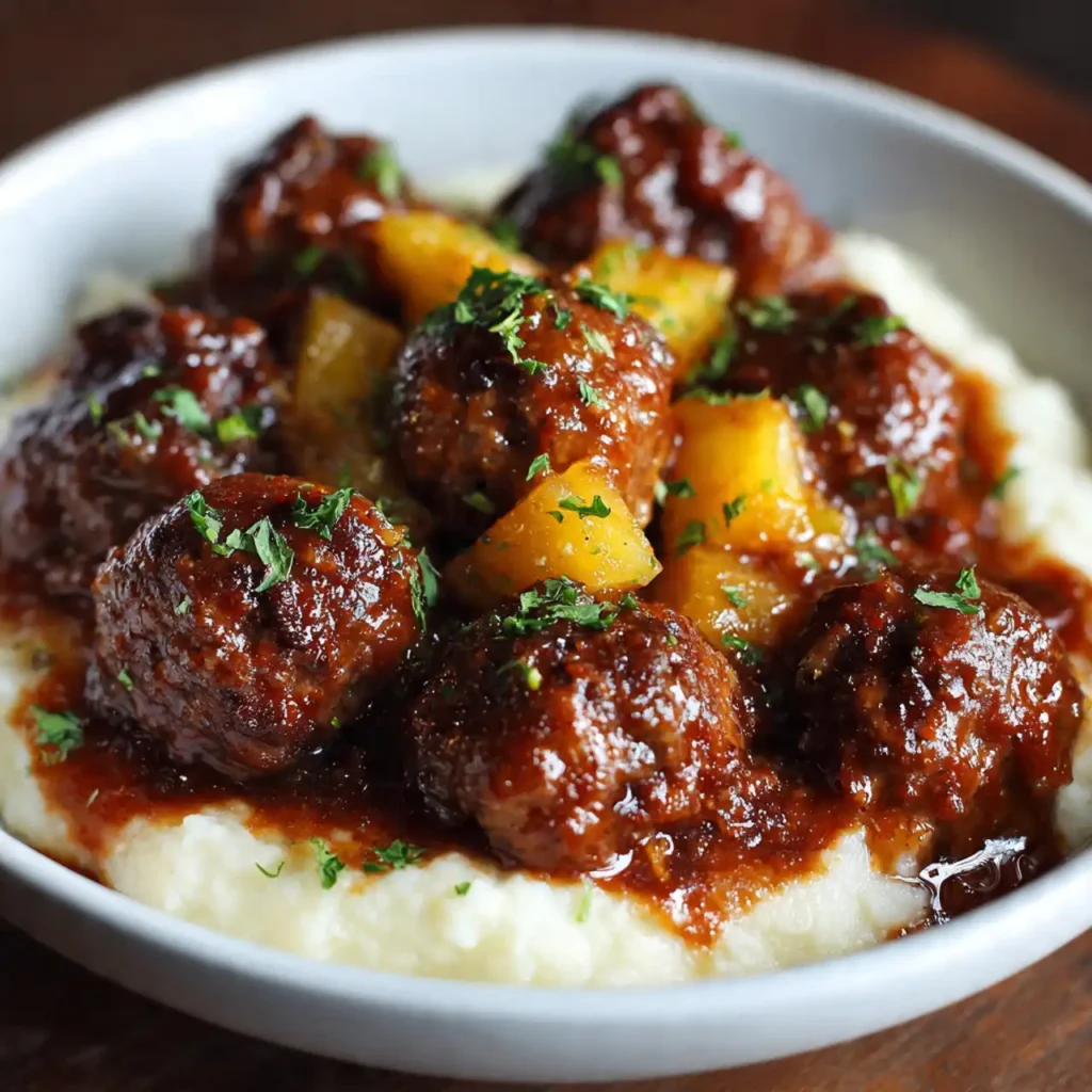 close up of crockpot hawaiian meatballs with pineapple