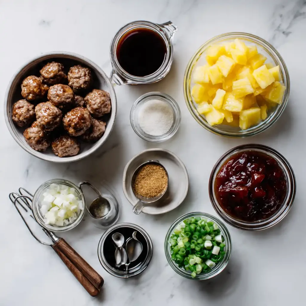 Ingredients for crockpot Hawaiian meatballs on a flat lay board