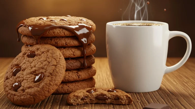 Decadent Espresso Chocolate Chip Cookies 10 Stack of espresso chocolate chip cookies next to a cup of coffee
