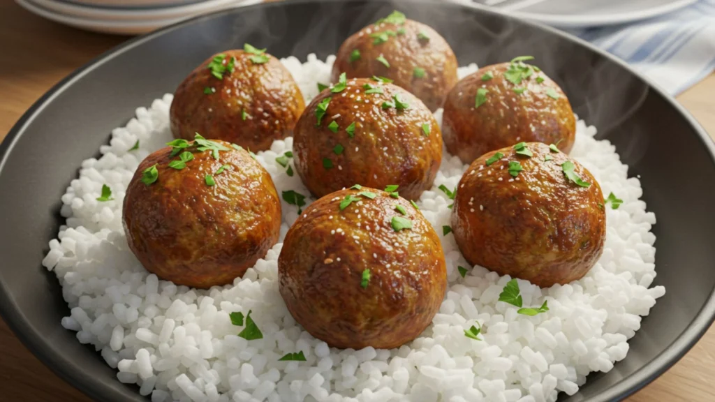 Crockpot Hawaiian Meatballs 3 Hawaiian meatballs served over steamed rice with green onions