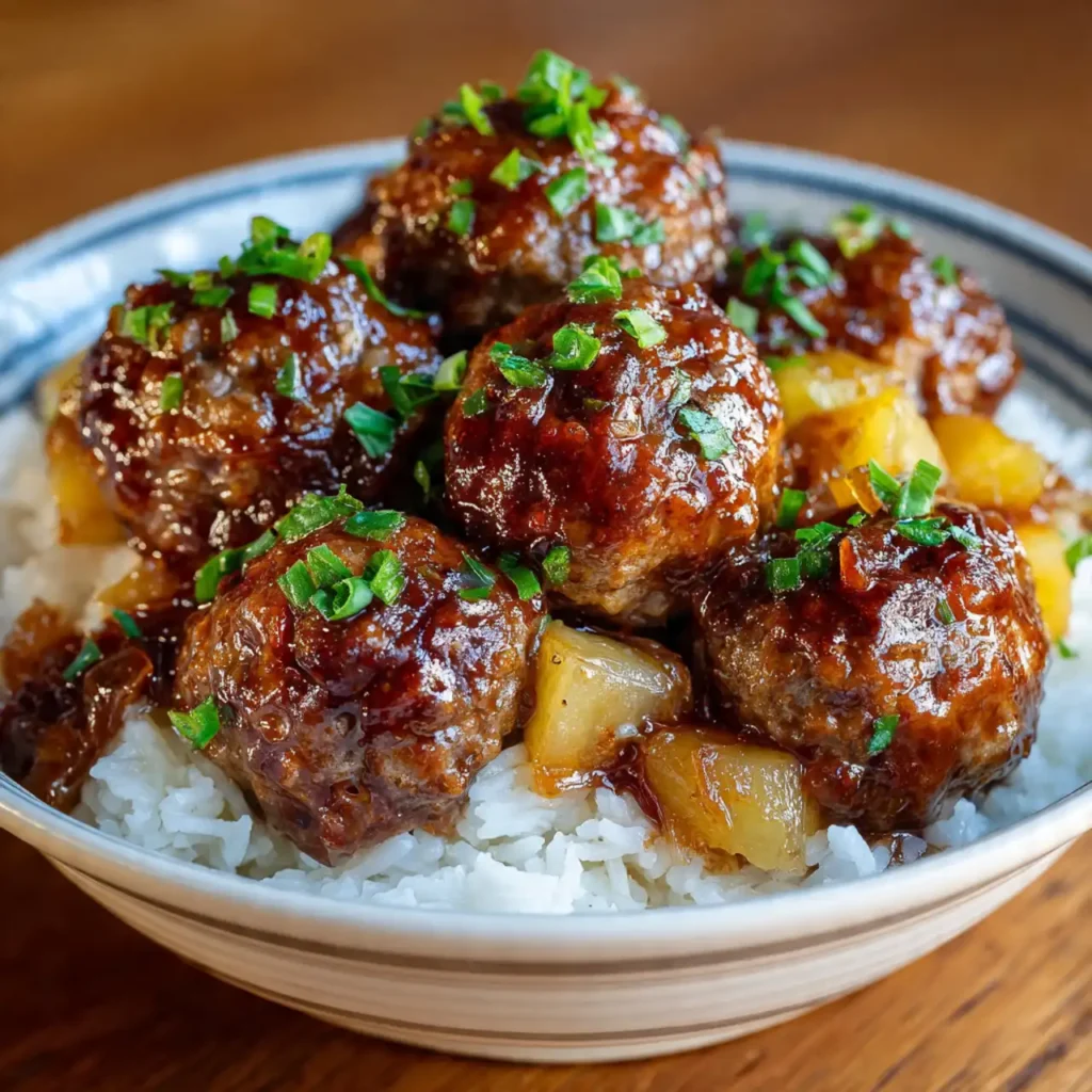 Hawaiian meatballs served with pineapple rice