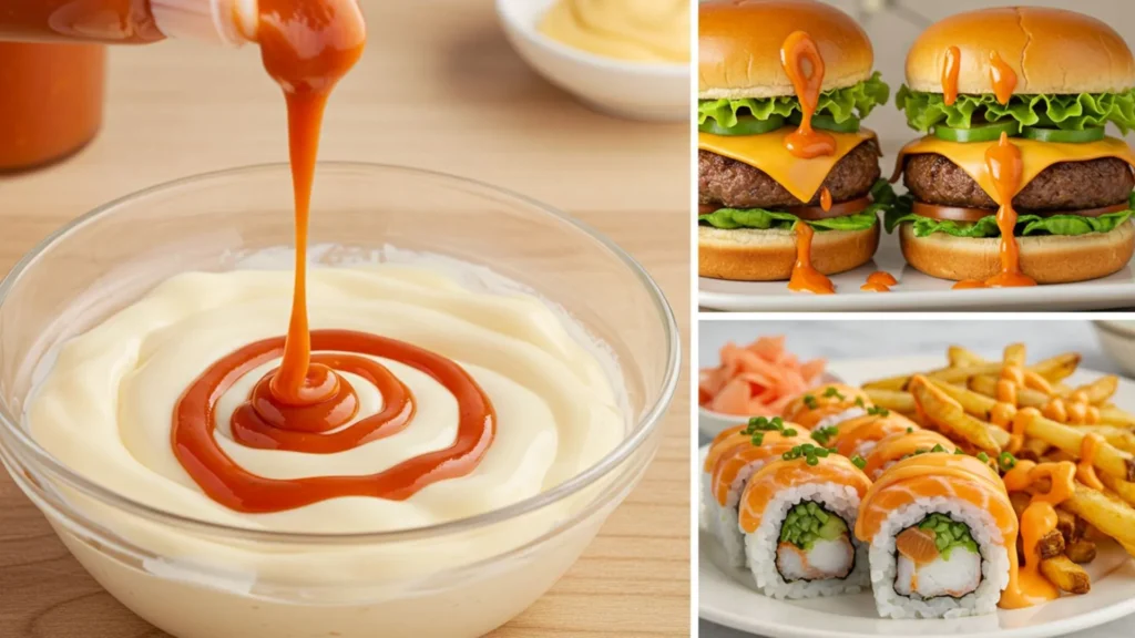 Easy Spicy Mayo Recipe 3 Spicy mayo drizzled over sushi rolls and served with fries on the side