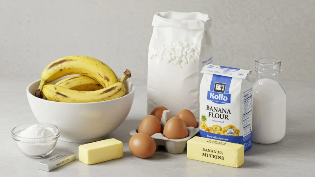 Easy Banana Muffins Recipe (Super Moist) 2 Ingredients for banana muffins including ripe bananas, flour, and eggs
