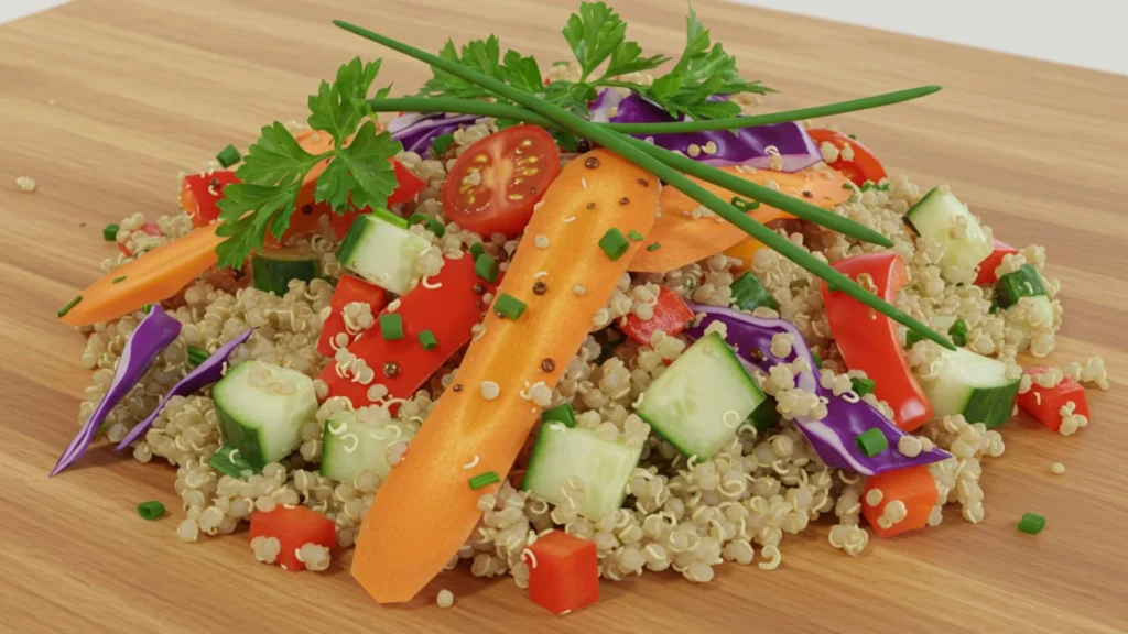 Easy Quinoa Salad Recipe ( 20 Minutes) 2 Fresh ingredients for quinoa salad laid out on a wooden board