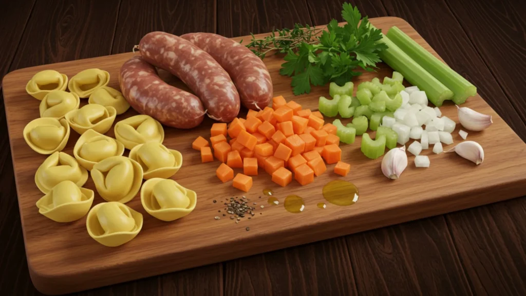 Italian sausage, tortellini, tomatoes, cream, and vegetables on cutting board