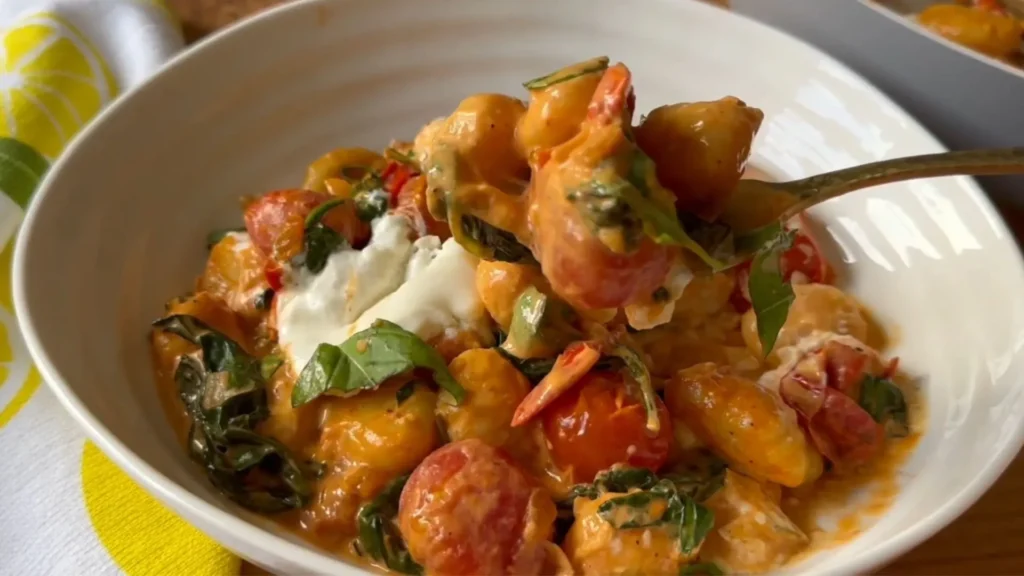 Fork lifting a bite of creamy tomato gnocchi topped with basil.