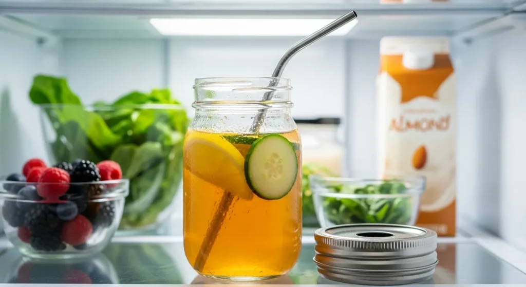 Easy Apple Cider Vinegar Drink Recipe 3 Apple cider vinegar drink stored in a mason jar in the fridge.