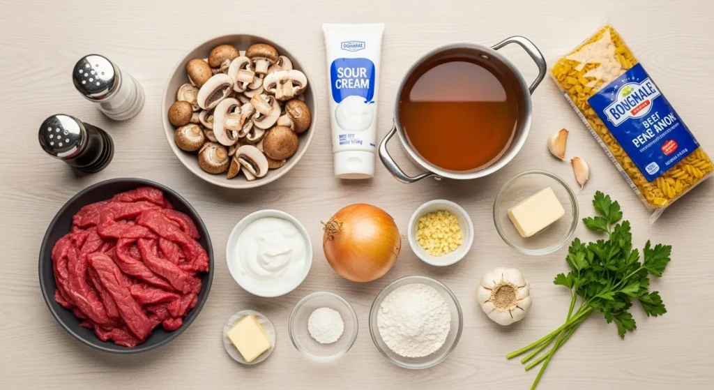Overhead view of ingredients for beef stroganoff including beef, mushrooms, onions, sour cream, and egg noodles.