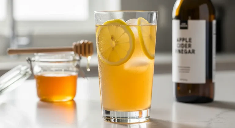 Easy Apple Cider Vinegar Drink Recipe 9 Refreshing apple cider vinegar drink with lemon and honey in a clear glass.