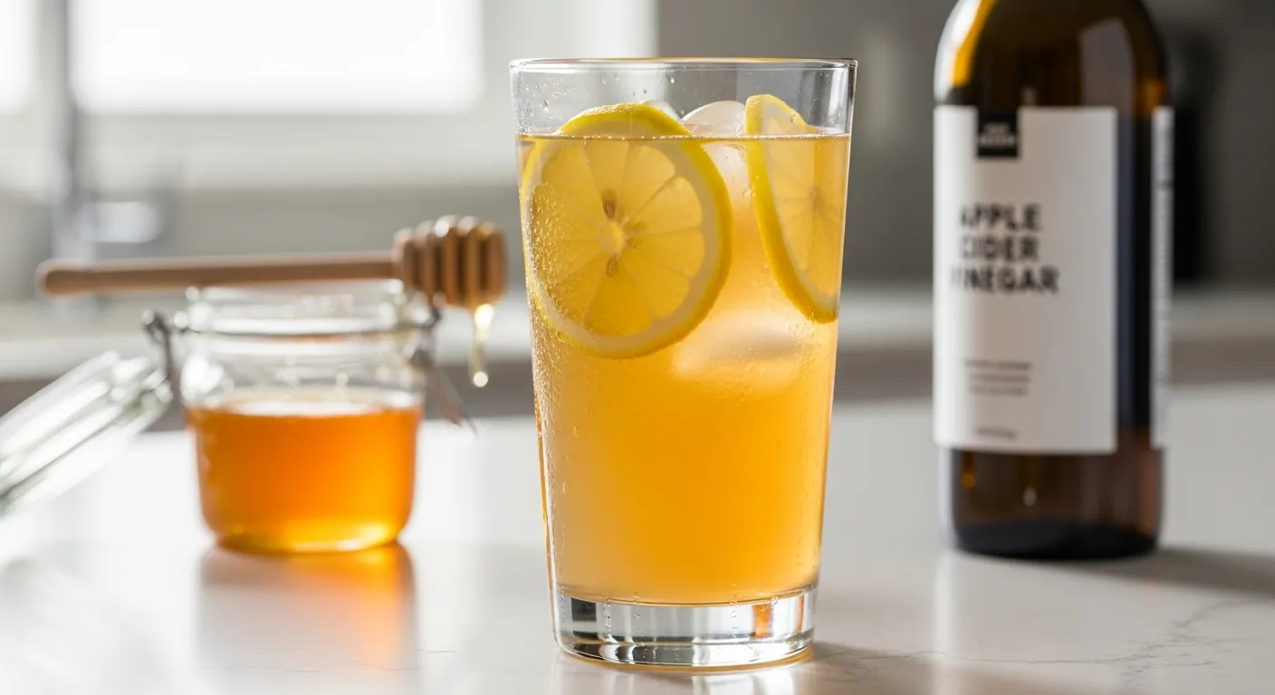 Easy Apple Cider Vinegar Drink Recipe 1 Refreshing apple cider vinegar drink with lemon and honey in a clear glass.