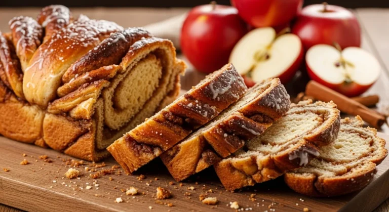 Apple Cinnamon Babka Bread Recipe 10 Freshly baked apple cinnamon babka bread loaf with swirls of apple filling.