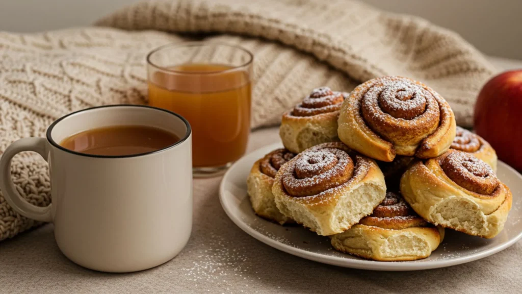 Gooey Apple Cider Cinnamon Rolls Recipe 3 Apple cider cinnamon rolls served on a fall-themed table with a cup of cider