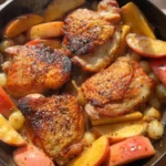 Apple cider vinegar braised chicken served with mashed potatoes
