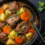 Crockpot filled with tender beef stew and vegetables.