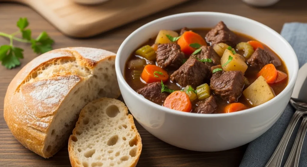 Easy Beef Stew Crockpot Recipe 3 Bowl of crockpot beef stew served with crusty bread.