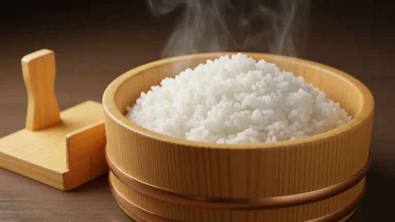 How to Make Perfect Sushi Rice at Home (EASY & QUICK) 4 Steamed sushi rice in wooden bowl with rice paddle
