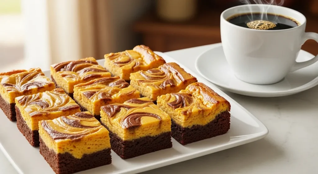 Pumpkin Cheesecake Swirl Brownies Recipe | Fudgy Fall Dessert 3 Pumpkin cheesecake brownies served with coffee