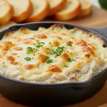 Golden caramelized onion and Gruyere dip baked in a white dish, served hot with bread and crackers.