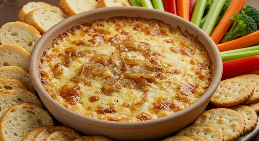 Caramelized onion Gruyere dip served with toasted baguette slices, crackers, and fresh veggie sticks.