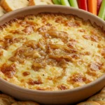 Caramelized onion Gruyere dip served with toasted baguette slices, crackers, and fresh veggie sticks.
