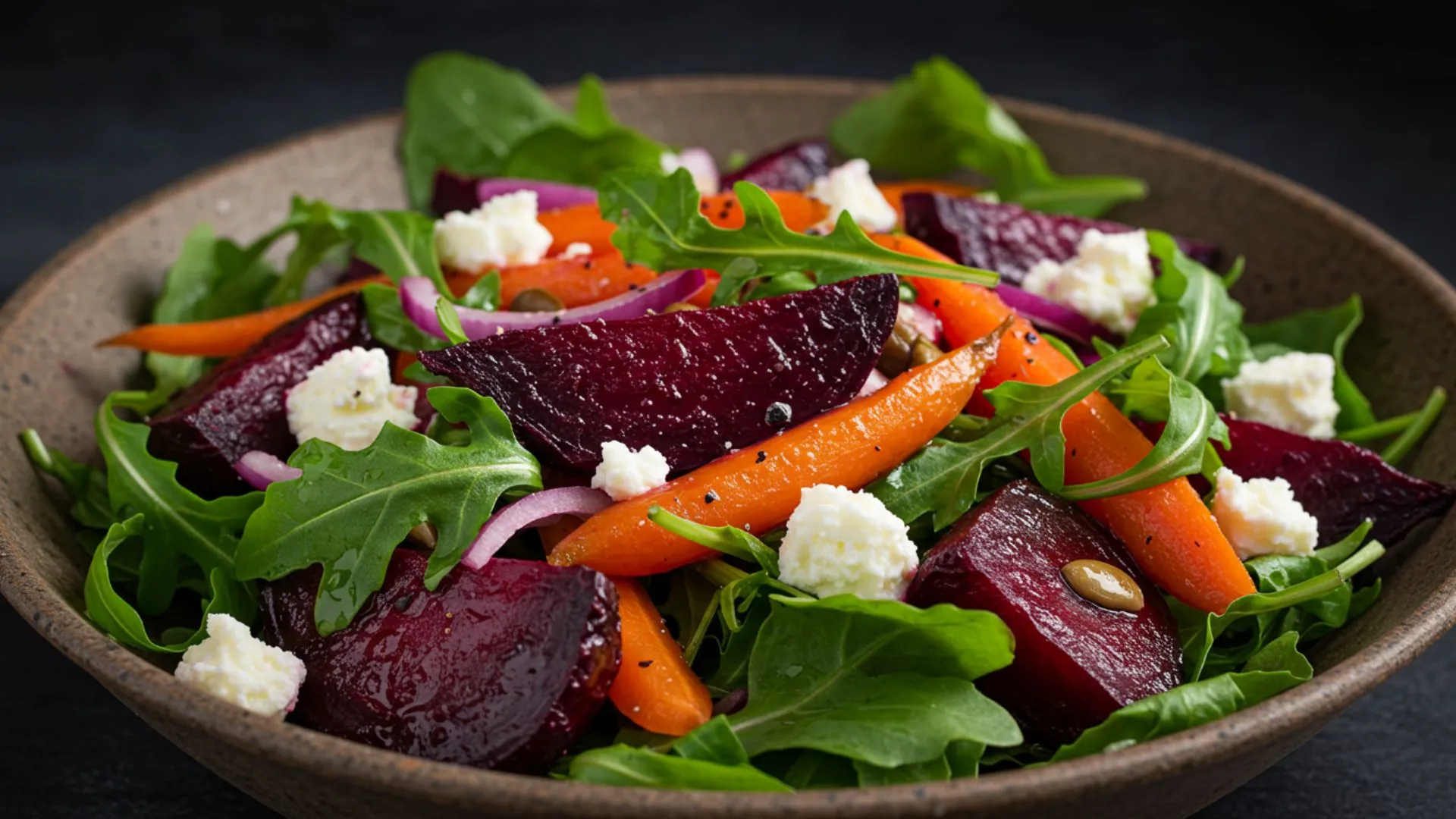 Roasted Beet and Arugula Salad Recipe 1 Beet and arugula salad with goat cheese and toasted walnuts