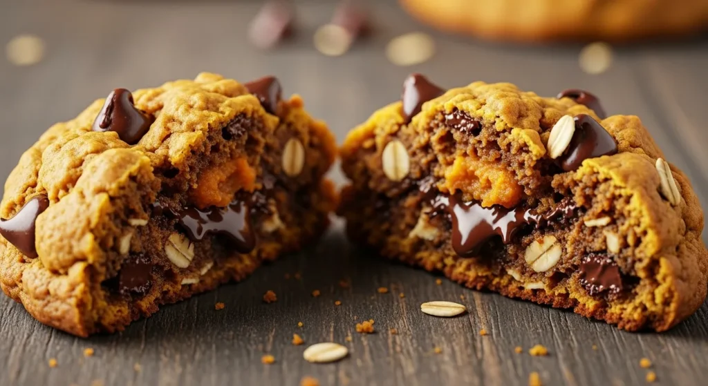 Pumpkin Chocolate Chip Oatmeal Cookies Recipe 3 Inside texture of pumpkin chocolate chip oatmeal cookie