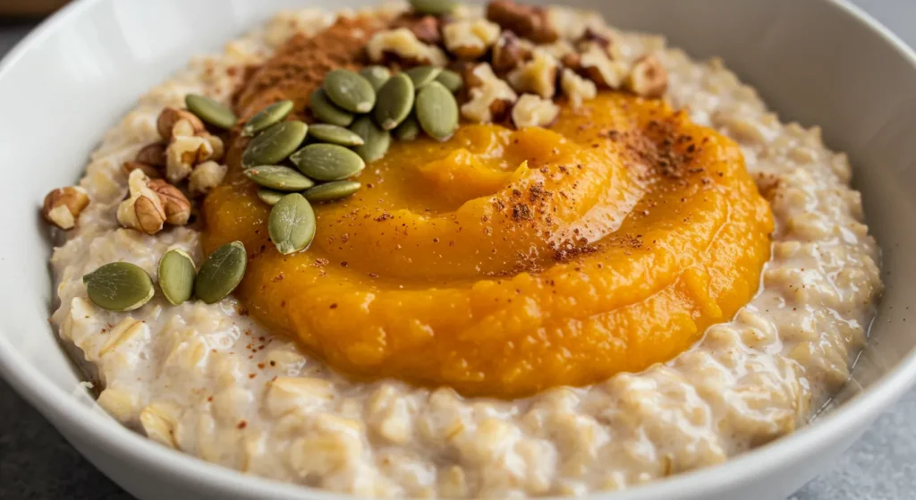 Easy Pumpkin Spice Overnight Oats 3 Close-up of pumpkin spice overnight oats topped with cinnamon and nuts.