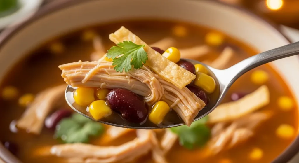Easy Homemade Chicken Tortilla Soup 3 Spoonful of chicken tortilla soup with chicken, corn, and bean