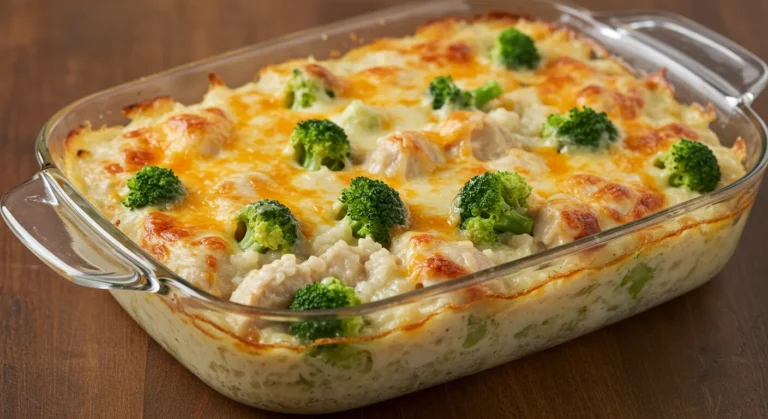Creamy Chicken Broccoli Rice Cheese Casserole Recipe 10 Cheesy chicken broccoli rice casserole baked in a glass dish with golden melted cheese on top.