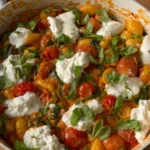 Bowl of creamy tomato gnocchi topped with fresh burrata and basil leaves.