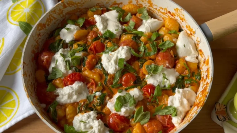 Easy Creamy Tomato Gnocchi with Burrata (30 Minute) 6 Bowl of creamy tomato gnocchi topped with fresh burrata and basil leaves.