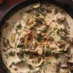 Creamy beef stroganoff over egg noodles with parsley garnish