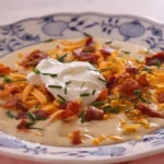 Creamy potato onion soup topped with fresh herbs in a white bowl
