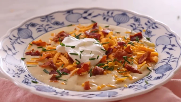 Cozy Potato Onion Soup Recipe 9 Creamy potato onion soup topped with fresh herbs in a white bowl