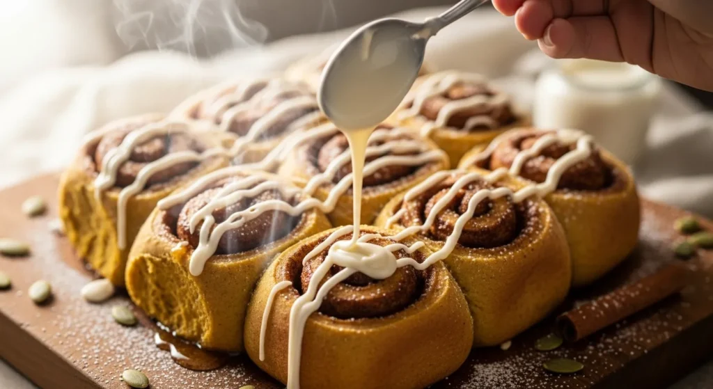 Easy Pumpkin Rolls Recipe Soft, Fluffy, and Perfect for Fall 3 Drizzling cream cheese frosting over freshly baked pumpkin rolls.