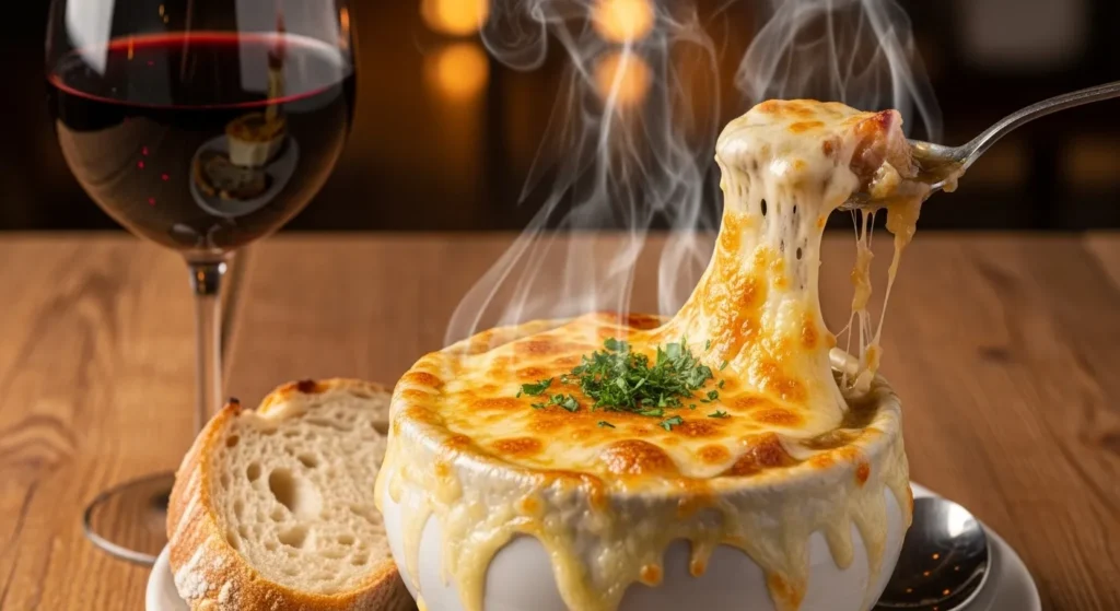 Easy French Onion Soup Recipe: Cheesy & Comforting 3 Fresh parsley sprinkled over cheesy French onion soup.