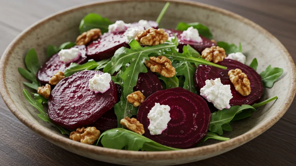Roasted Beet and Arugula Salad Recipe 3 Beet and arugula salad with goat cheese and toasted walnuts