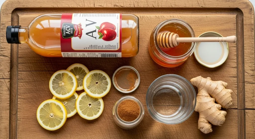 Easy Apple Cider Vinegar Drink Recipe 2 Flat lay of apple cider vinegar drink ingredients including ACV, lemon, honey, and ginger.