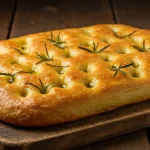 Freshly baked focaccia bread topped with rosemary and sea salt.