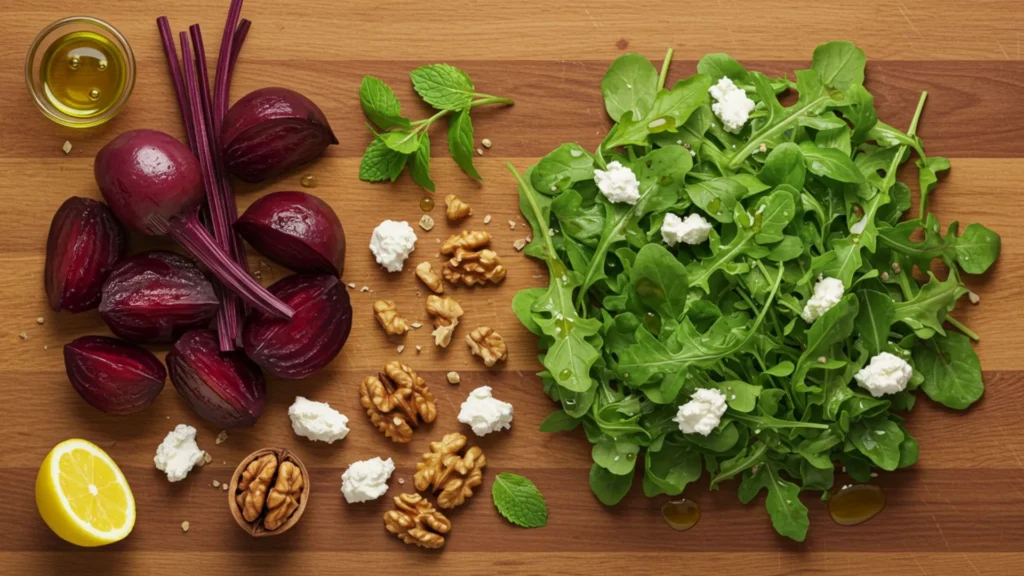 Roasted Beet and Arugula Salad Recipe 2 Fresh beets, arugula, goat cheese, walnuts, and vinaigrette